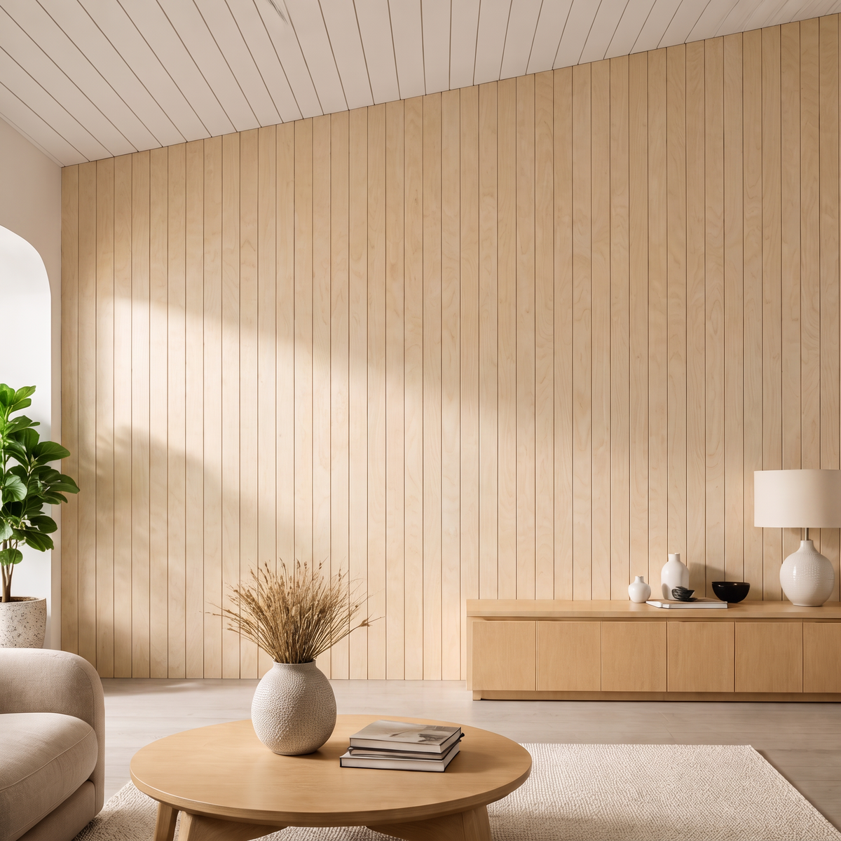 Birch-lined living room with joinery